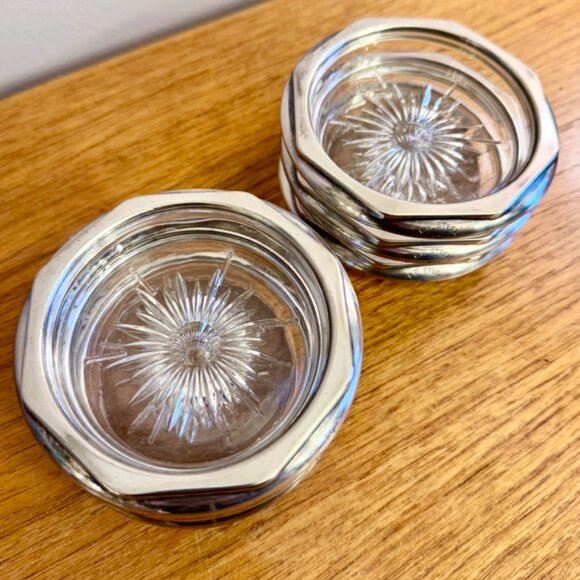 MCM Vintage Set of Glass and Silver Plated Steel Sunburst Drink Coasters - Picture 3 of 9